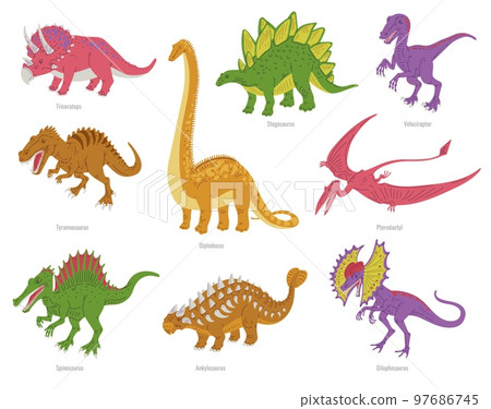 Set of colorful ancient dinosaurs with titles flat style, vector illustration 97686745