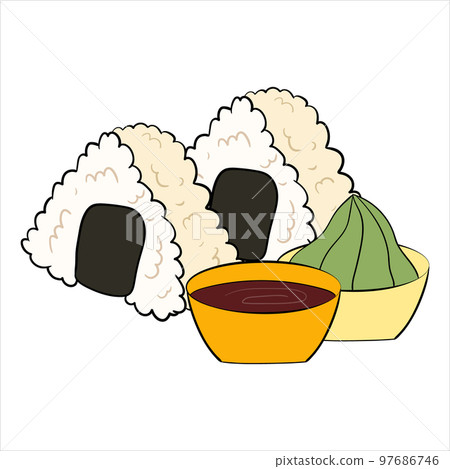 japanese rice ball, onigiri with soy sauce and wasabi. vector illustration japanese rice ball, onigiri with soy sauce and wasabi. vector illustration 97686746