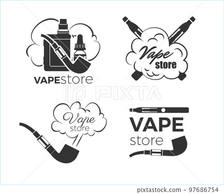 Vape store black banners or emblems doodle vector illustration isolated. 97686754