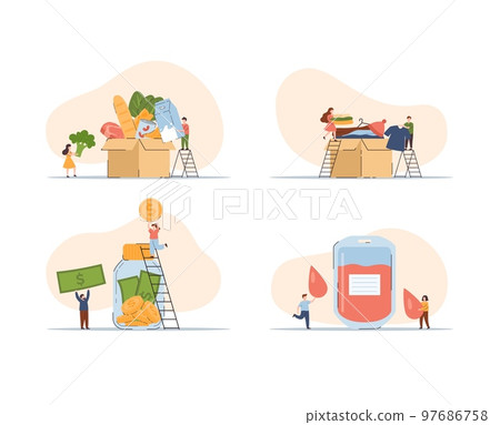 Charity and donation of money and clothes, food and medicine flat vector isolated. 97686758
