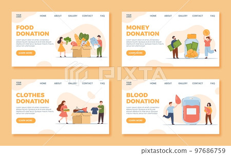 Donation and charity landing pages set, flat vector illustration. Donation and charity landing pages set, flat vector illustration. 97686759