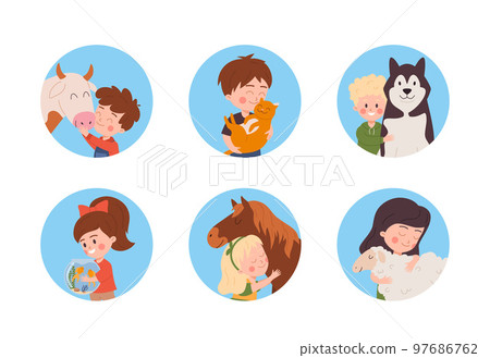 Boys and girls with domestic animals in circle frames flat vector isolated. 97686762