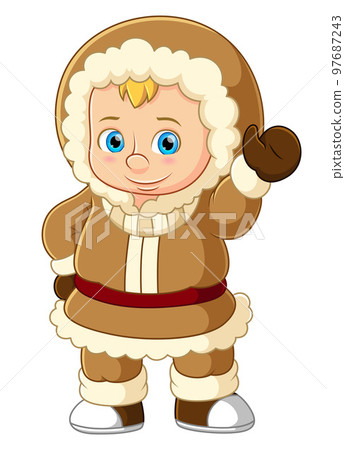 Eskimo clothes. Happy little kids waving of illustration Eskimo clothes. Happy little kids waving of illustration 97687243