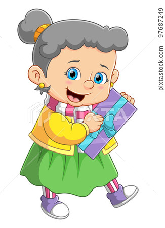 cute little girl kid holding big wrapped gift boxes of illustration 97687249