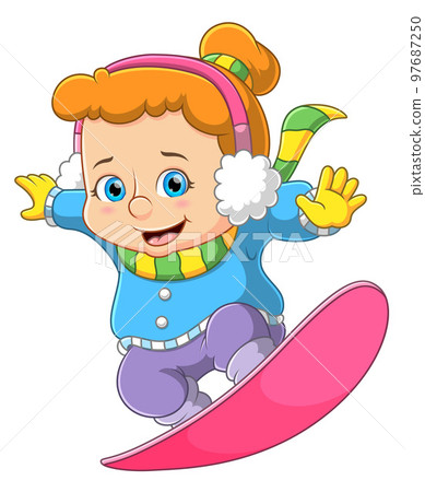 cute girl playing snowboard and dressed in winter warm clothes of illustration 97687250