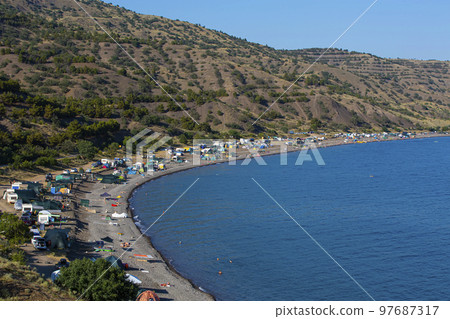 Camp on the sea coast. Top view 97687317