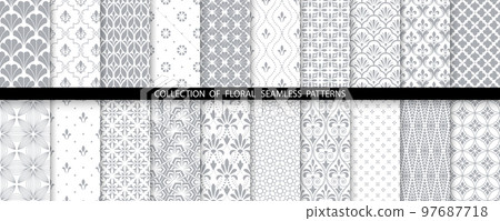 Geometric floral set of seamless patterns. White and gray vector backgrounds. Damask graphic ornaments 97687718