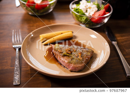 Japanese dining table, beef steak, wasabi soy sauce 97687967