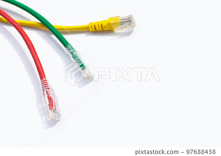 LAN network connection ethernet cables on white LAN network connection ethernet cables on white 97688438