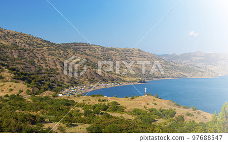 Camp on the sea coast. Top view 97688547