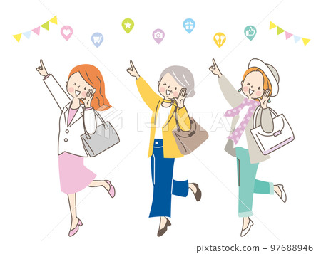 三個女人興高采烈地指著的插圖 97688946