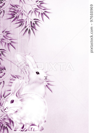 白兔竹林水墨畫插畫，苦粉色，豎版，其他顏色可選/高分辨率圖片可選 97688969