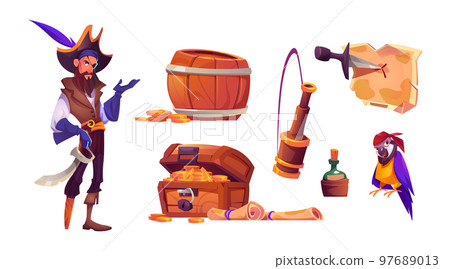 Pirate in hat, treasure box, rum bottle, parrot Pirate in hat, treasure box, rum bottle, parrot 97689013