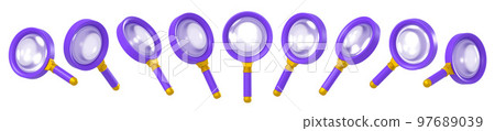 3D illustration set of purple magnifying glass 3D illustration set of purple magnifying glass 97689039