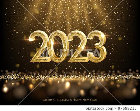 2023 Happy New Year greeting card vector illustration. 2023 golden numbers with gold falling confetti decoration and glow light effect, festive sparkle of tinsel texture in holiday design background. 2023 Happy New Year greeting card vector illustration. 2023 golden numbers with gold falling confetti decoration and glow light effect, festive sparkle of tinsel texture in holiday design background. 97689213