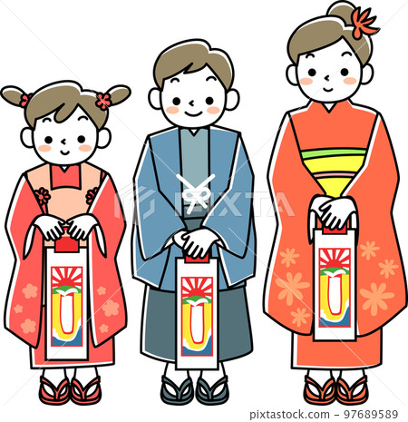 穿著七五三的和服，拿著千歲糖的少女和少年 97689589
