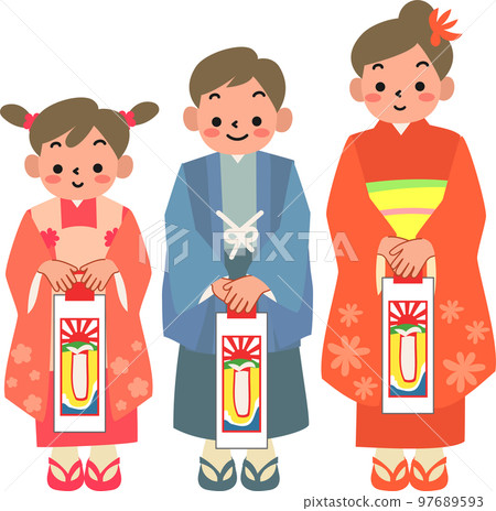 A girl and a boy wearing a kimono for Shichi-Go-San and holding chitose candy 97689593