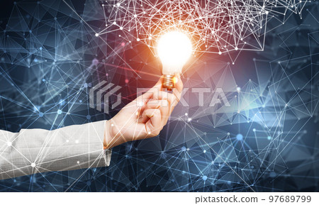 Woman hand with glowing lamp and abstract network Woman hand with glowing lamp and abstract network 97689799
