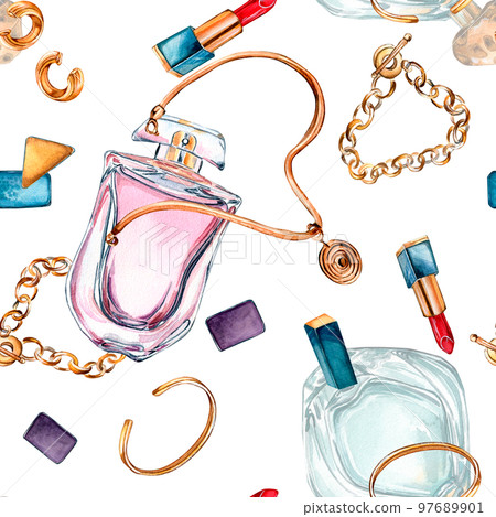 Perfume bottle with bijou, rouge watercolor seamless pattern isolated on white. 97689901