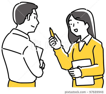 Male and female employees having a meeting Male and female employees having a meeting 97689948