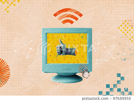 The monitor screen of an old computer with a Wi-Fi symbol and a hand finger like. The concept of modern retro technologies and communication in social networks. High quality photo 97689950