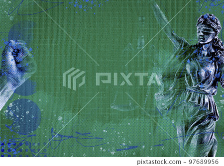 Background wallpaper with the concept of a statue of justice with scales. The idea of the justice of order and law. Copyspace for text. 97689956