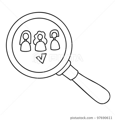 Search for an employee and work. Consideration through magnifying glass and selection among female candidates for vacancy. Vector illustration. Outline drawing. Job search concept. Search for an employee and work. Consideration through magnifying glass and selection among female candidates for vacancy. Vector illustration. Outline drawing. Job search concept. 97690611