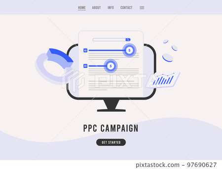 PPC Campaign digital marketing concept. Pay per Click advertising. Building search marketing strategy, selecting selling phrases, ppc impression statistics. Vector business landing page template 97690627