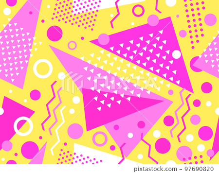 Seamless pattern with geometric shapes in 80s memphis style. Colorful geometric pattern. Design for promotional products, wrapping paper, brochures and printing. Vector illustration 97690820