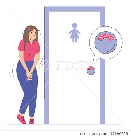 Woman standing at the closed toilet door 97690859