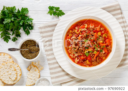 Hamburger Soup with barley and vegetables in bowl Hamburger Soup with barley and vegetables in bowl 97690922