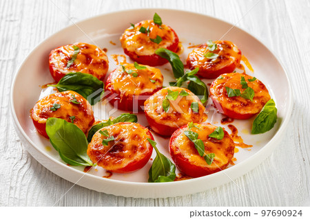 Baked Tomatoes with Mozzarella, Cheddar, Parmesan Baked Tomatoes with Mozzarella, Cheddar, Parmesan 97690924