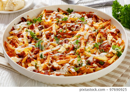 Bacon Mozzarella Feta Cheddar Cheese crispy Fries Bacon Mozzarella Feta Cheddar Cheese crispy Fries 97690925