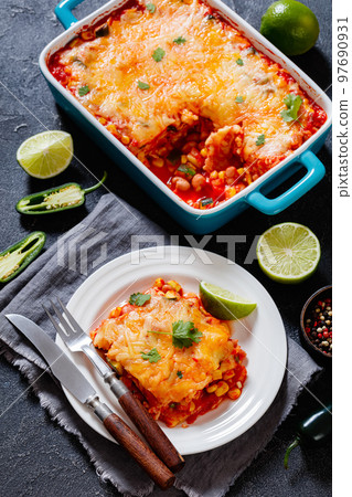 enchilada casserole with veggies, corn, pinto bean 97690931