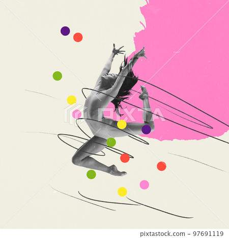 Creative art collage. Professional ballet dancer, woman performing, dancing over light background 97691119