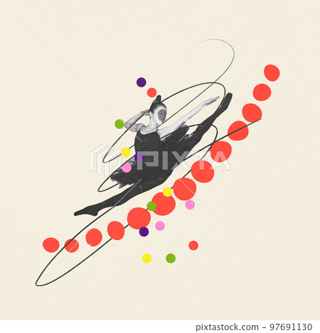 Creative art collage. Art performance. Young ballerina dancing over light background. Contemporary dance 97691130