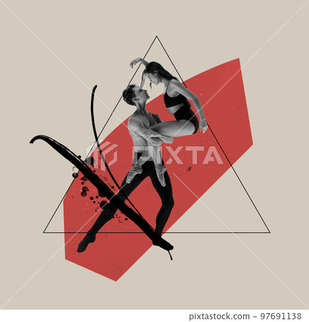 Creative art collage. Man and woman, ballet dancers performing, dancing over grey background with red elements. Dance of passion 97691138