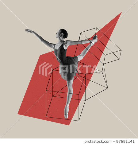 Creative art collage. Artistic young girl, ballet dancer performing, training over grey background with geometric drawn elements 97691141
