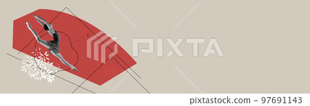 Creative art collage. Tender young ballerina performing over grey background with red element. Flyer image Creative art collage. Tender young ballerina performing over grey background with red element. Flyer image 97691143