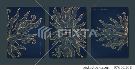 Vector line style covers, art deco patterns. Wavy sun rays, golden elements template in vintage style. Luxury black line flyers, brochures, packaging design, social media post, banners, tarot Vector line style covers, art deco patterns. Wavy sun rays, golden elements template in vintage style. Luxury black line flyers, brochures, packaging design, social media post, banners, tarot 97691168