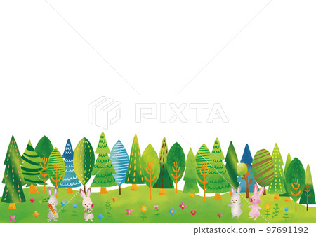 Scandinavian style rabbit, cute trees and hill frame 97691192