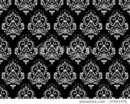 Wallpaper in the style of Baroque. Seamless vector background. White and black floral ornament. Graphic pattern for fabric, wallpaper, packaging. Ornate Damask flower ornament Wallpaper in the style of Baroque. Seamless vector background. White and black floral ornament. Graphic pattern for fabric, wallpaper, packaging. Ornate Damask flower ornament 97691476