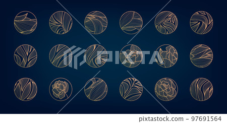 Vector set of abstract wavy minimal line organic, floral circle logos. Marble line emblem for badge, print, icon, highlight stories. Meditation, spa, cosmetics. Vector set of abstract wavy minimal line organic, floral circle logos. Marble line emblem for badge, print, icon, highlight stories. Meditation, spa, cosmetics. 97691564