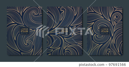 Vector japanese style, leaves, swirls art deco patterns. Floral golden elements template in vintage style. Luxury black line covers, flyers, brochures, packaging design, social media post, banners 97691566