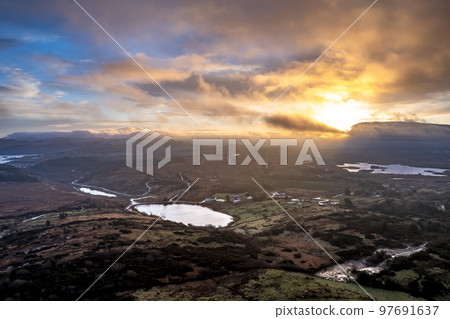 Aerial view of amazing sunrise at Bonny Glen in County Donegal - Ireland Aerial view of amazing sunrise at Bonny Glen in County Donegal - Ireland 97691637