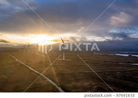 Amazing sunrise at the Loughderryduff windfarm between Ardara and Portnoo in County Donegal, Ireland Amazing sunrise at the Loughderryduff windfarm between Ardara and Portnoo in County Donegal, Ireland 97691638