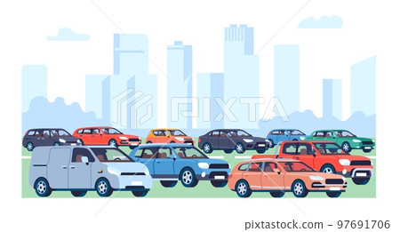 Traffic jam. Automobiles congestion. City transportation. Downtown skyscrapers. Urban landscape with vehicles and buildings. Cars on highway. Town road. Minivans and sedans. Vector concept Traffic jam. Automobiles congestion. City transportation. Downtown skyscrapers. Urban landscape with vehicles and buildings. Cars on highway. Town road. Minivans and sedans. Vector concept 97691706