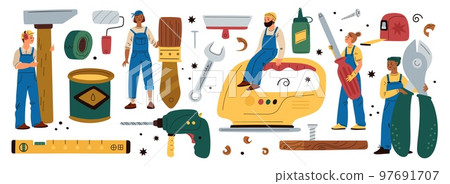 Tiny repair people. Cartoon contractor characters. Building tools. Workers in overalls hold hammer or pliers. Professional team. Screwdriver and wrench. Carpentry work. Garish vector set Tiny repair people. Cartoon contractor characters. Building tools. Workers in overalls hold hammer or pliers. Professional team. Screwdriver and wrench. Carpentry work. Garish vector set 97691707