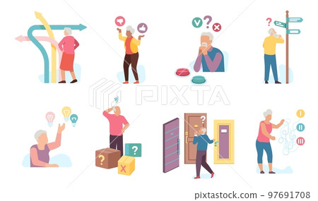 Thinking old people choose. Grandparents make path choices. Arrow pointers. Persons select ideas and buttons. Aged men and women decisions. Elderly dementia. Vector confused seniors set Thinking old people choose. Grandparents make path choices. Arrow pointers. Persons select ideas and buttons. Aged men and women decisions. Elderly dementia. Vector confused seniors set 97691708