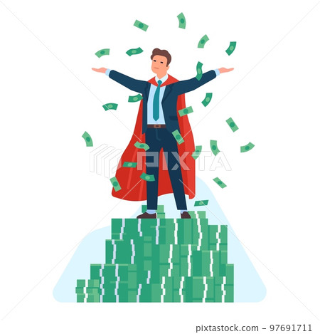 Super businessman. Business leadership. Successful manager. Superhero standing on money stacks. Dollar banknotes. Hero office employee. Financial success. Cash currency. Vector concept Super businessman. Business leadership. Successful manager. Superhero standing on money stacks. Dollar banknotes. Hero office employee. Financial success. Cash currency. Vector concept 97691711